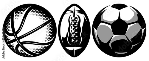 Set of stylish sports balls for soccer, basketball and american football