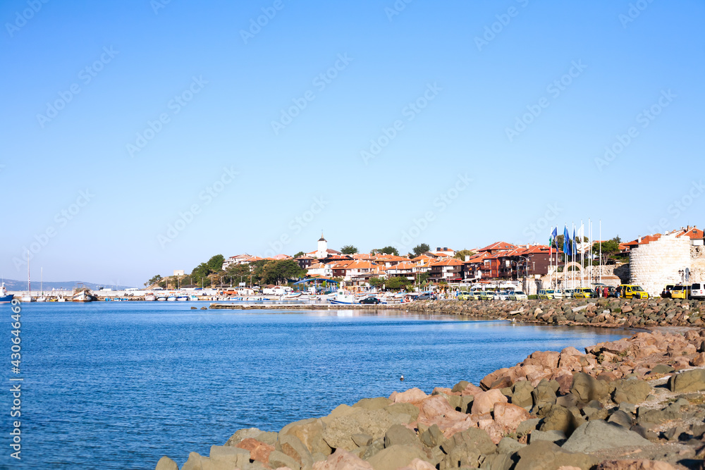 Coast along the old town Nessebar in Bulgaria. Copy space.