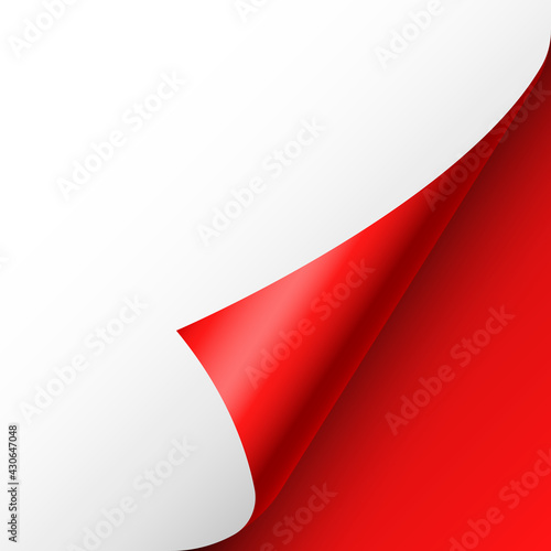 Red paper curl. Curled page corner with shadow. Blank sheet of paper. Colorful shiny foil. Design element for advertising and promotion. Vector illustration.