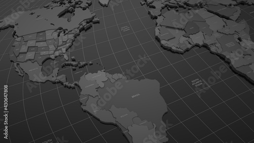 3d world map on black background with usa, canada, south and north america and africa