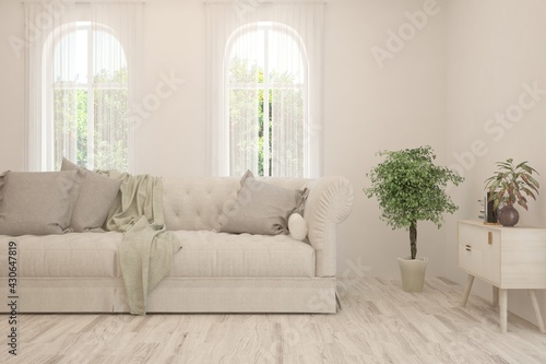 Soft color living room with sofa. Scandinavian interior design. 3D illustration