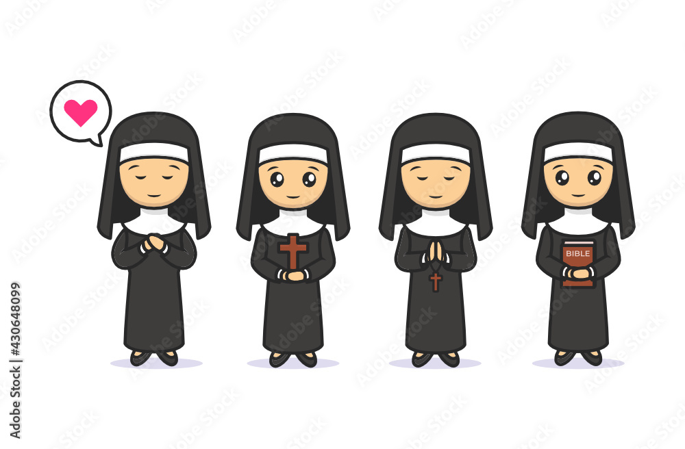 Set of cute kawaii nun Christian mascot design illustration Set of cute kawaii nun Christian mascot design illustration