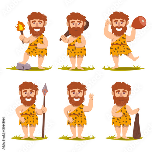 Set of caveman prehistoric neanderthal mascot design illustration 