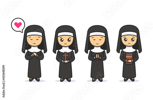 Set of cute kawaii nun Christian mascot design illustration
