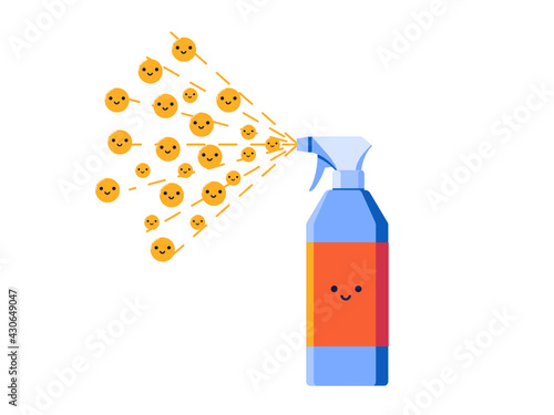 Positive effect of cleaning and sanitization agents. Spray from which smiles come out. Funny cartoon llustration on a white background. Vector.