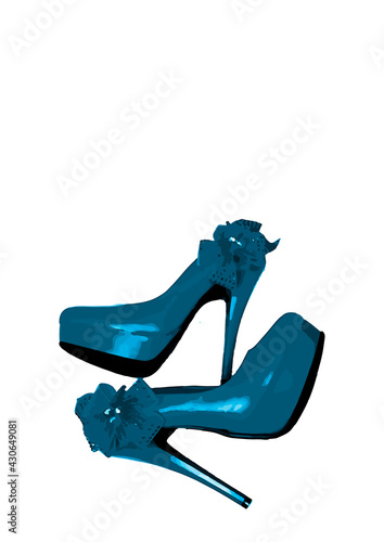 Dressed shoes on the platform with a bow on a high thin heel. Shoes. Blue