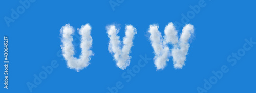 Letters made of clouds on a blue background, u v w, uppercase fonts