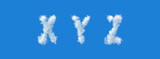 Letters made of clouds on a blue background, x y z, uppercase fonts