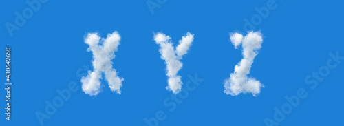 Letters made of clouds on a blue background, x y z, uppercase fonts