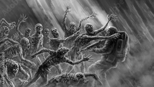 Canvas-taulu Crowd of scary zombies attacks armed soldier