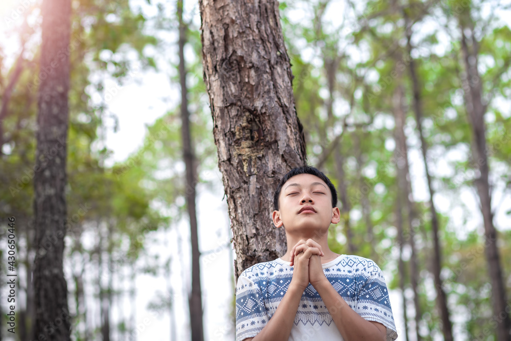 Handsome boy christian standing praying to God under the tree in forest. Handsome boy christian standing praying to God under the tree in forest.