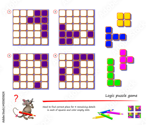 Logic puzzle game for children and adults. Need to find correct place for 4 remaining details in each of squares. Page for kids brain teaser book. Developing spatial thinking. Play online.