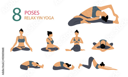 8 yoga poses, girl doing yoga, vector illustration