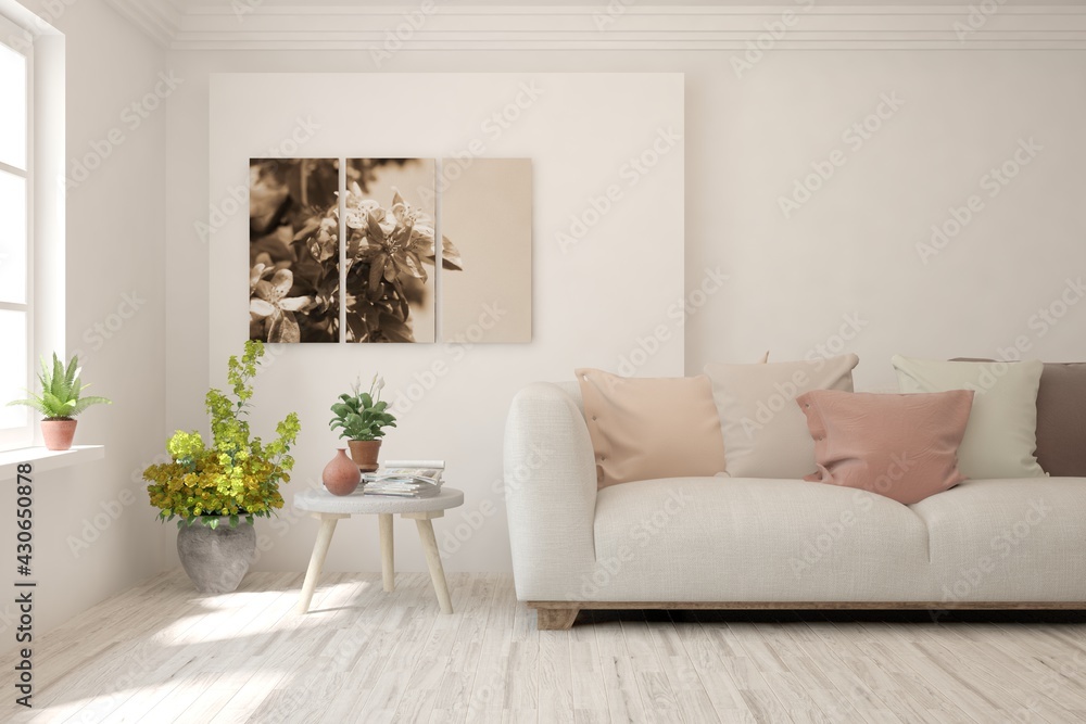 Obraz premium Soft color living room with sofa. Scandinavian interior design. 3D illustration