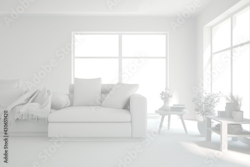 White minimalist living room with sofa. Scandinavian interior design. 3D illustration