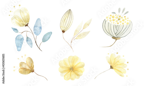 A watercolor set of various abstract gold flowers and buds, isolated elements on a white background. Botanical illustration for postcards, scrapbooking, design