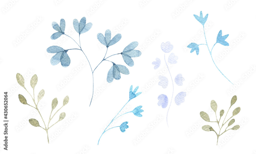 A watercolor set of different twigs and leaves, pastel delicate colors, isolated elements on a white background. Botanical illustration for postcards, scrapbooking, design