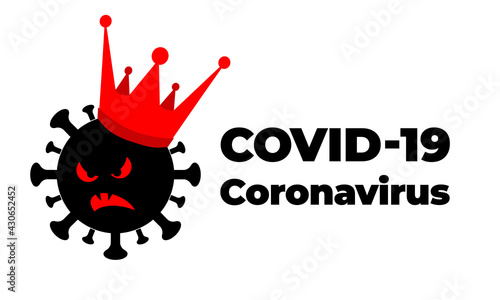 A very scared black virus coronavirus covid-19 with a royal crown on its head and a syringe with a vaccine medicine. Fighting the epidemic. Coronavirus vaccination banner header template with button