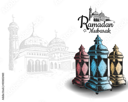 Ramadan Mubarak. colorful lantern hand drawing and mosque isolated on white background