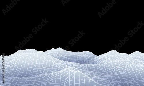 3D rendered gray topographic mountain grid.
