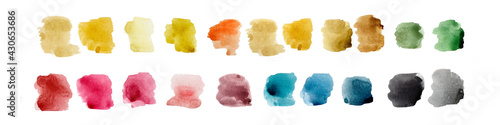 watercolor set of bright multi-colored small strokes, spots. Watercolor palette isolated on white background.