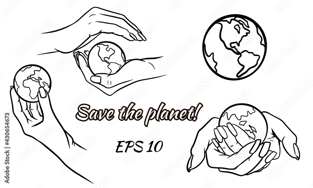 Let's protect the planet set. Let's save the planet. Planet in hand. Ecology. Cartoon style. Let's protect the planet set. Let's save the planet. Planet in hand. Ecology. Cartoon style.