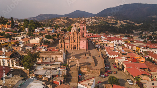 Aerial photos of the historic center of Tlalpujahua, Michoacan, Mexico, as well as its main church photo