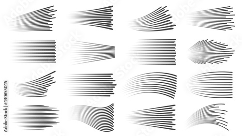 Speed lines effect. Fast motion manga or comic linear patterns. Horizontal and wavy car movement stripes or anime action dynamic vector set