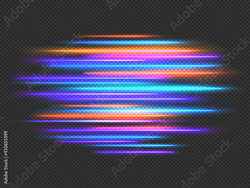 Speed lights effect. Neon fast movement dynamic horizontal lines. Futuristic race, night light motion blur. Speedy stripes vector background