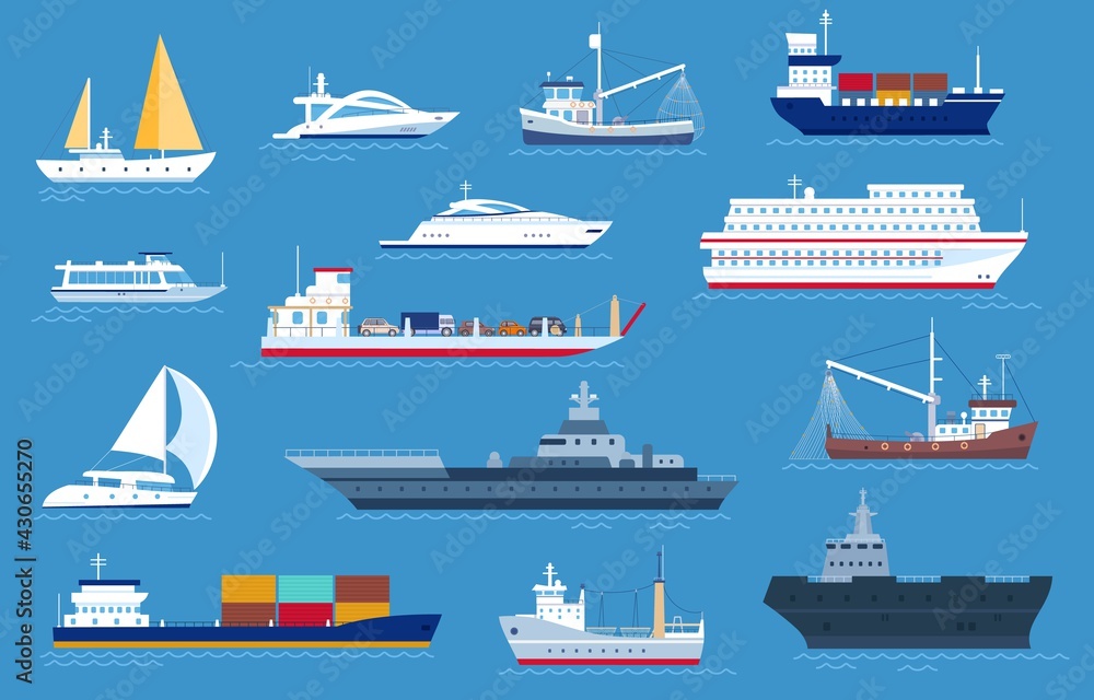 Sea boats. Fishing and cargo ships, yacht, shipping boat, cruise ocean liner, motorboat and military warship. Sailboat transport vector set