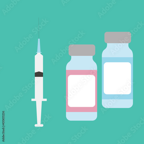 Icon medical syringe with needle and vial in flat style, concept of vaccination. Isolated vector illustration