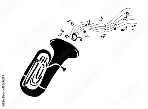 Music wind instruments icon. Silhouette of a tuba with notes. Abstract vector illustration