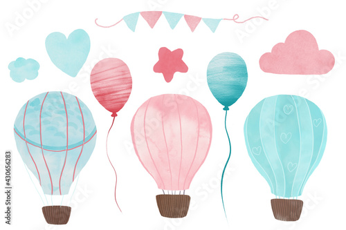 Adorable kid set of illustration: hot air balloon with clouds, balloons, moon, star, kite, flower composition and ribbon and raindrops. © Tatyana