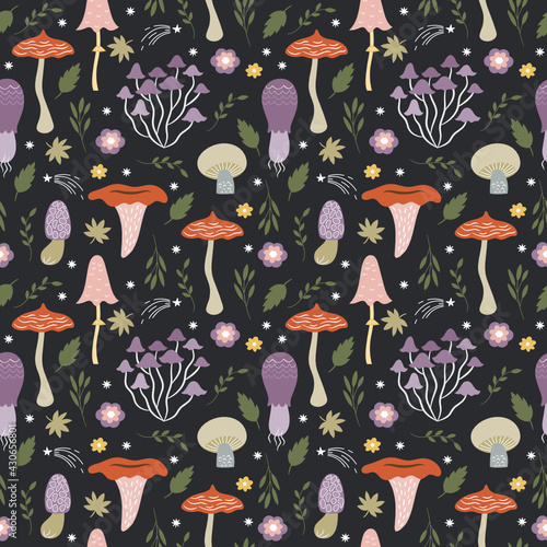 Seamless pattern with whimsical mushrooms