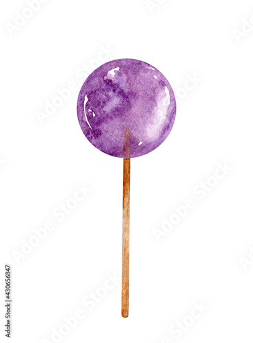 Watercolor purple lollipop. Berry candy on a stick isolated on white background. Hand-drawn illustration. Perfect for your projects, cards, decorations, covers, menu.