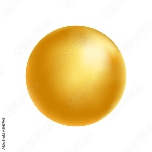 Gold sphere. Golden glass ball. 3d metal shape. Beauty yellow bubble. Oil circle. Shine luxury design element. Organic and natural cosmetic concept. Vector illustration