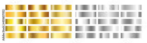 Gold and silver gradient set. Golden foil brass material. Copper paper sheet plate. Shine yellow border. Luxury design for award, medal, win. Steel frame. Vector illustration