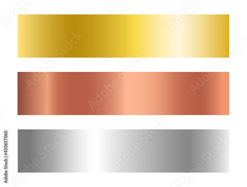 Metal texture set. Gold, silver, bronze material collection. Steel, copper, brass, iron, aluminium, titanium panels. Stainless texture. Luxury design elements. Vector illustration