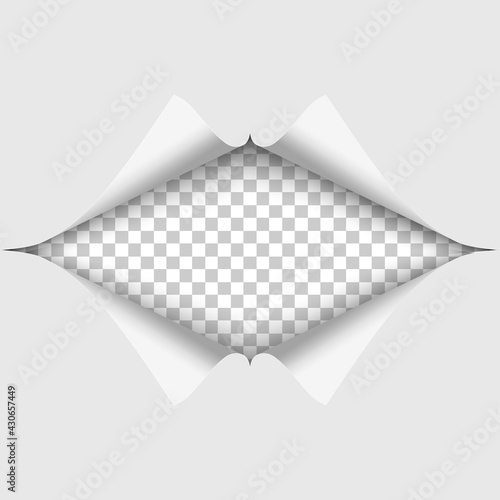 Elongated hole cut into a white piece of paper. Transparent background under it. Vector illustration.