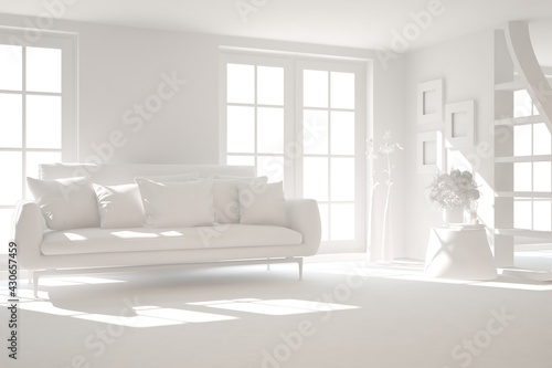 Mock up of stylish room in white color with sofa. Scandinavian interior design. 3D illustration