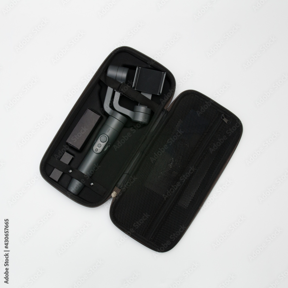 Stabilizer in box kit isolated on a white background video equipment Stabilizer in box kit isolated on a white background video equipment