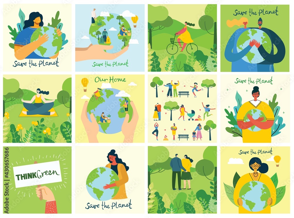 Set of eco save environment pictures. People taking care of planet collage. Zero waste, think green, save the planet, our home hand written text Set of eco save environment pictures. People taking care of planet collage. Zero waste, think green, save the planet, our home hand written text