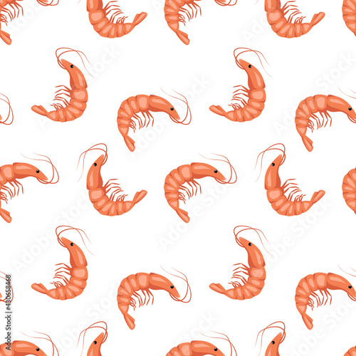 Seamless pattern with shrimps or prawns on a white background. Cute print for textiles, paper and other designs. A source of vitamins and healthy nutrition