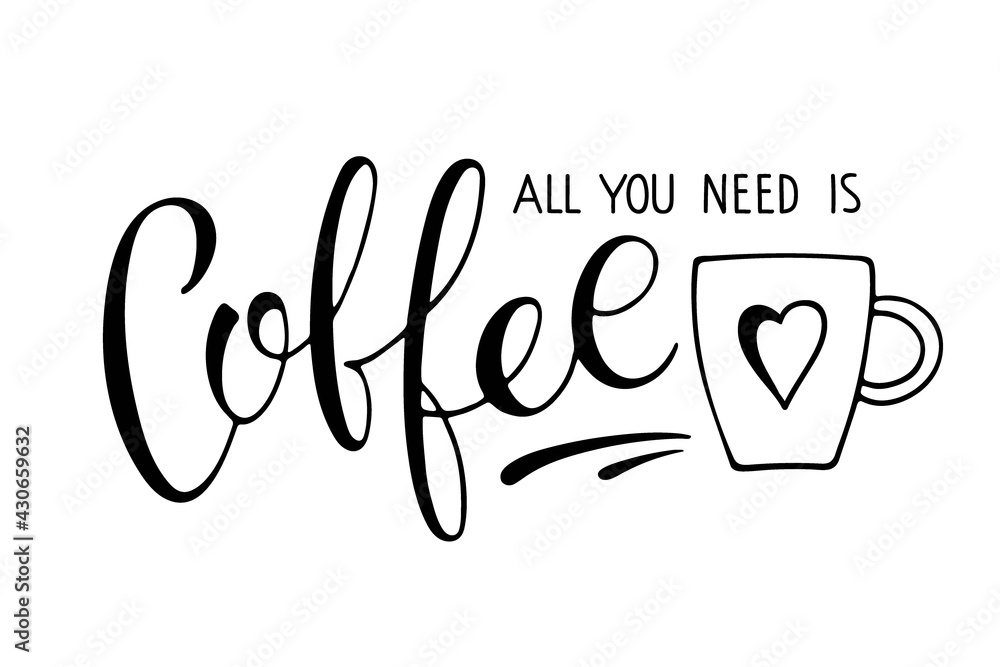All you need is Coffee text and coffee mug. Vector calligraphy lettering. Text black and white minimalist image. Logo for coffee company, cafe. Banner or poster Template for coffee shop, restaurant. All you need is Coffee text and coffee mug. Vector calligraphy lettering. Text black and white minimalist image. Logo for coffee company, cafe. Banner or poster Template for coffee shop, restaurant.