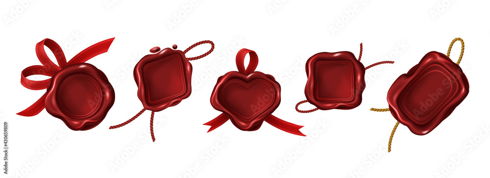 Vector realistic set of red blank wax stamps with rope and ribbon