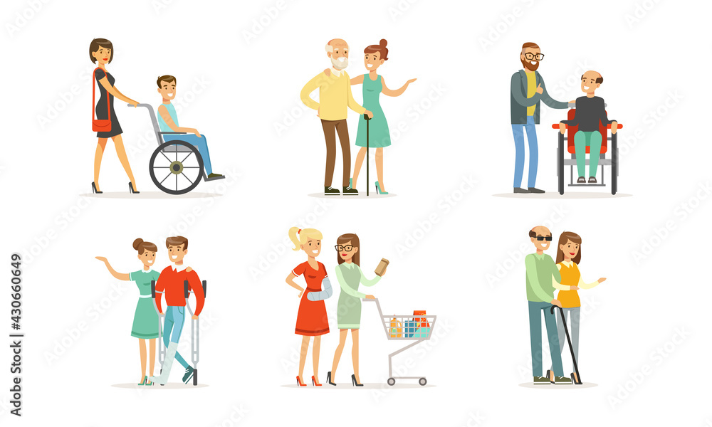 Volunteers Helping and Supporting Disabled People Characters Vector Illustration Set