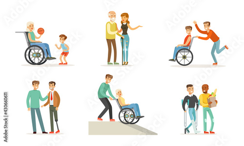Volunteers Helping and Supporting Disabled People Characters Vector Illustration Set