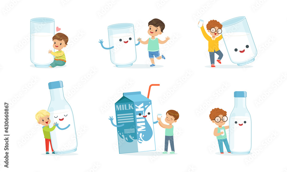 Little Boy and Humanized Milk in Glass and Carton Vector Set Little Boy and Humanized Milk in Glass and Carton Vector Set