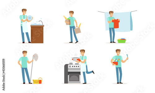 Happy Man Mopping the Floor, Washing the Dishes and Shopping at Grocery Store Vector Set