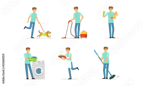 Happy Man Sweeping the Floor, Walking the Dog, Baking Pie and Nursing Baby Vector Set